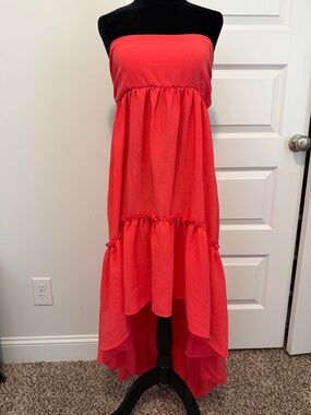 Coral Strapless High-Low Ruffle Dress